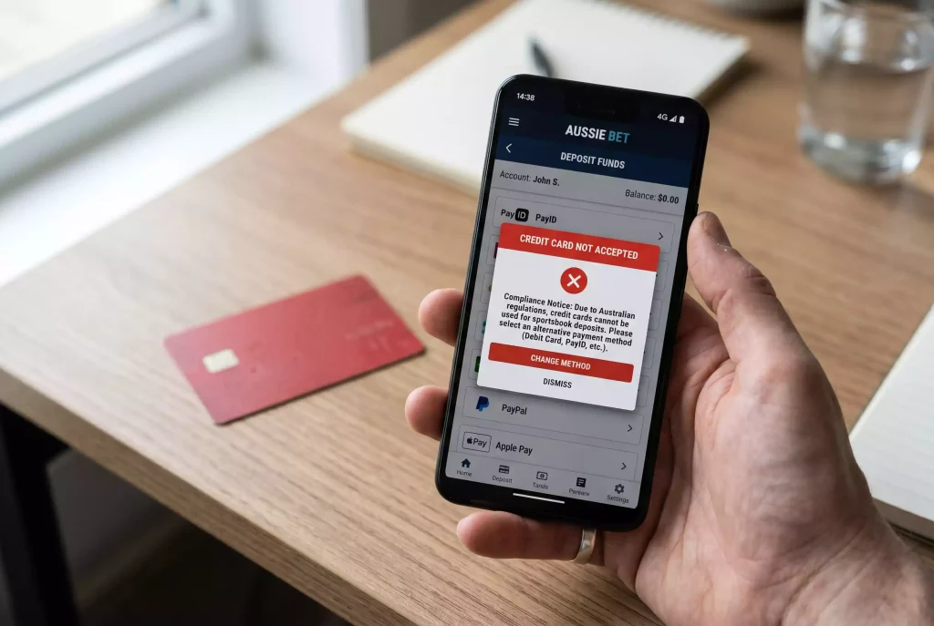 Australian sportsbook cashier rejecting a credit Mastercard with a compliance notice visible on screen
