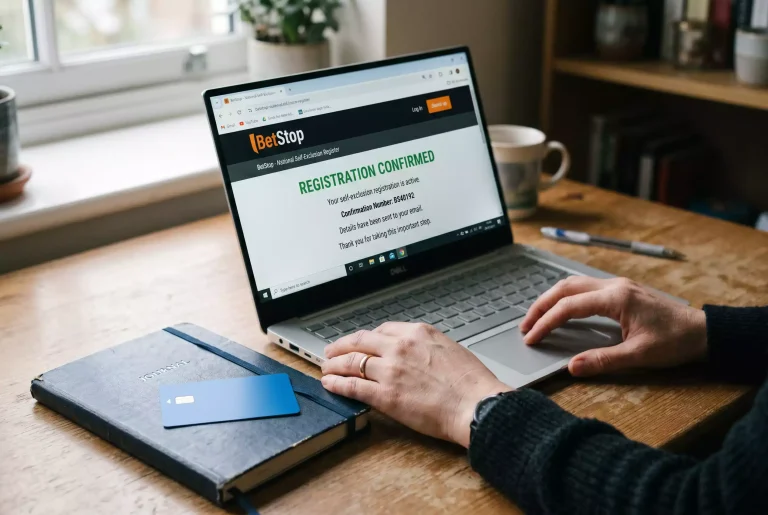 Australian bettor reviewing the BetStop self-exclusion confirmation screen next to a debit Mastercard