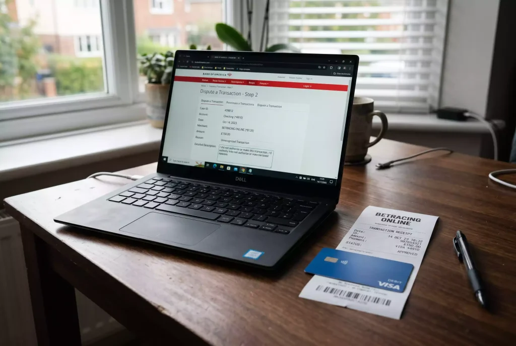 Dispute form on a laptop beside a Mastercard and a sportsbook transaction receipt under review