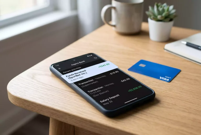 Mobile banking app showing a sportsbook payout credit landing on a debit Mastercard in real time