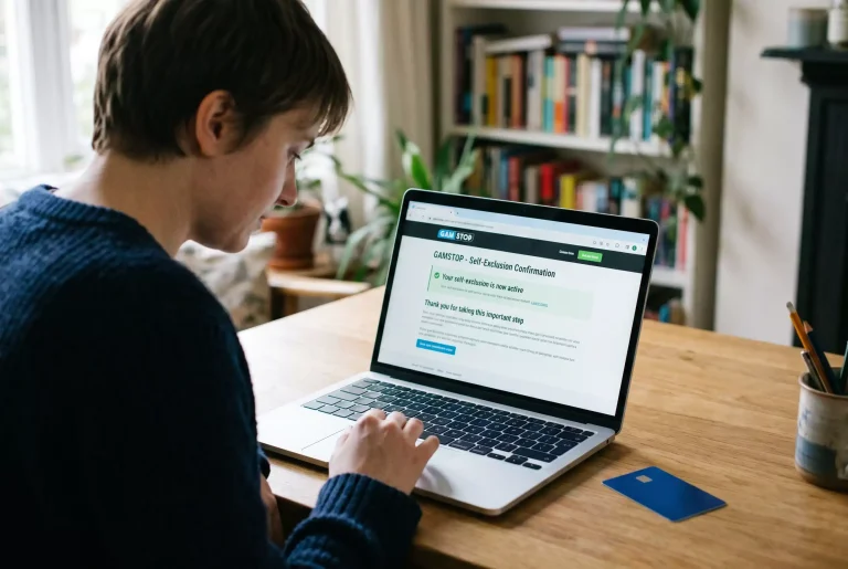 UK bettor viewing a GamStop registration confirmation on a laptop with a Mastercard on the desk