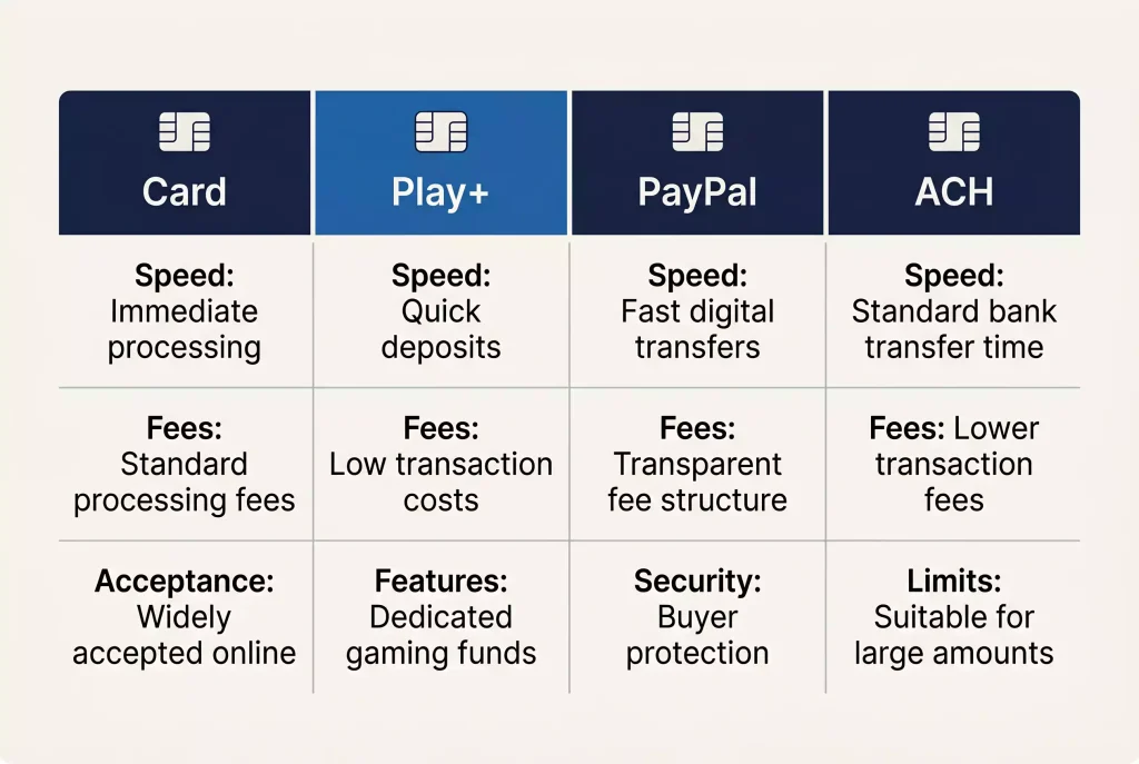 Comparison board of sportsbook deposit methods including Play+, PayPal, ACH and crypto options