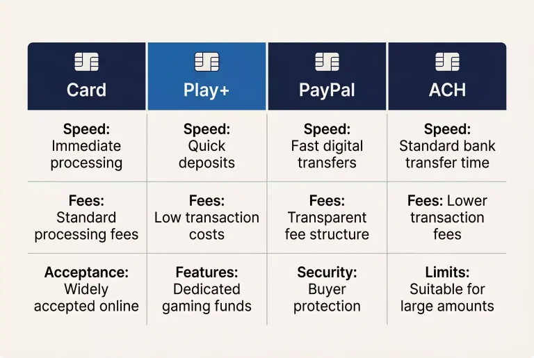 Comparison board of sportsbook deposit methods including Play+, PayPal, ACH and crypto options