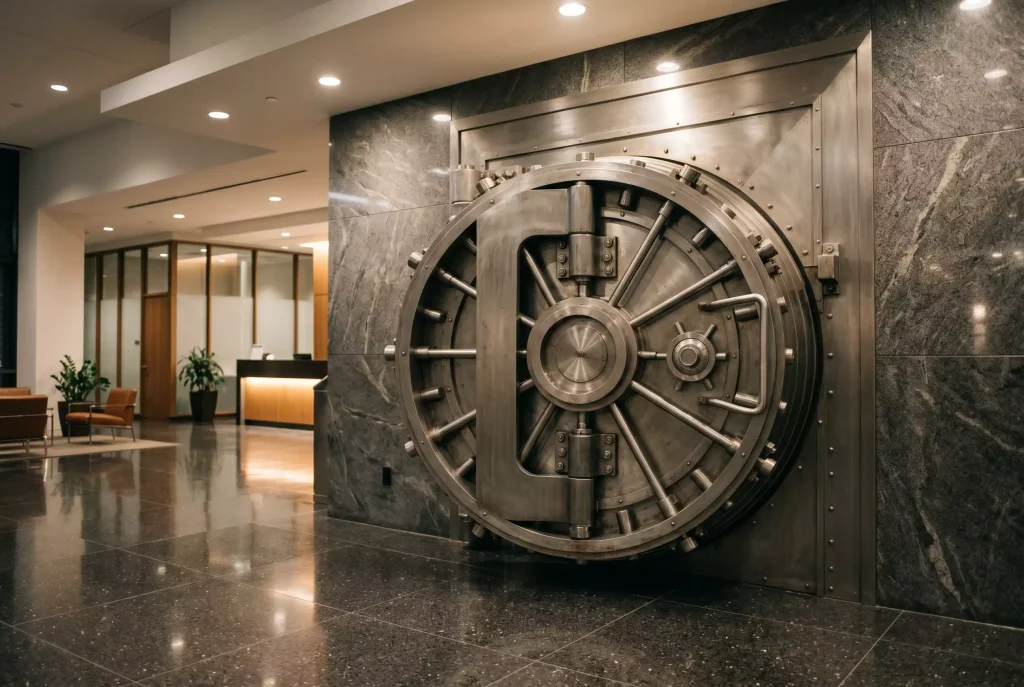 A heavy brushed-steel vault door set into a polished stone wall in a quiet modern bank lobby, softly lit by recessed ceiling lights