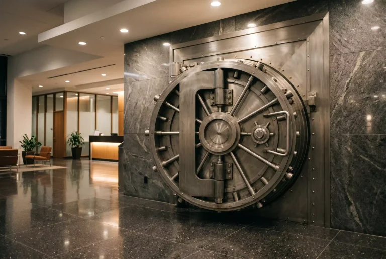 A heavy brushed-steel vault door set into a polished stone wall in a quiet modern bank lobby, softly lit by recessed ceiling lights