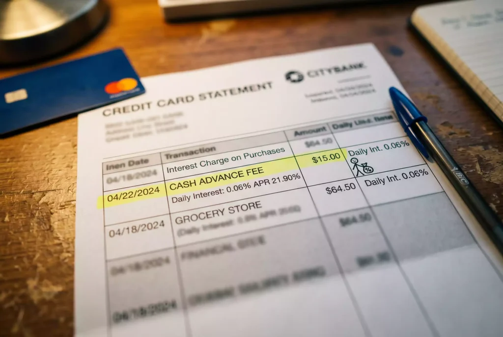 Credit card statement close-up highlighting a cash advance fee line and daily interest notation