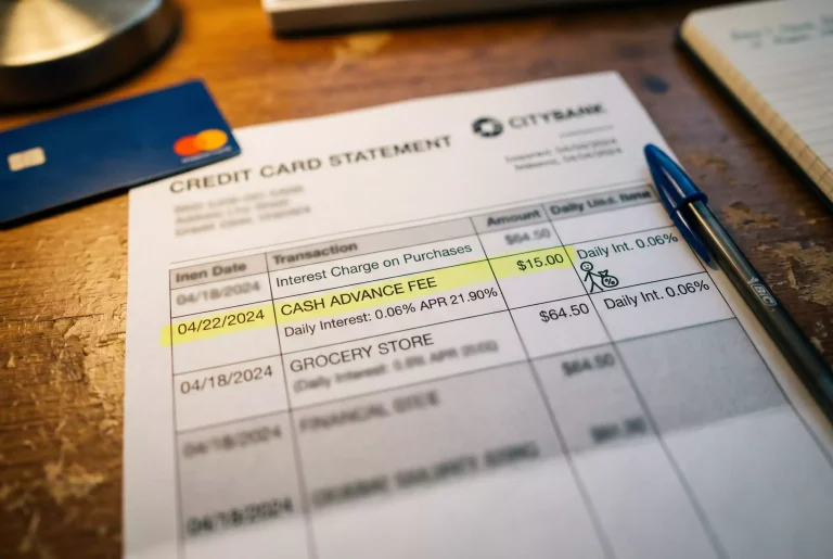 Credit card statement close-up highlighting a cash advance fee line and daily interest notation