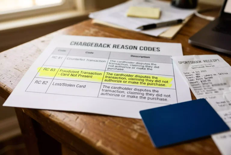 Chargeback reason code reference sheet displayed beside a sportsbook transaction under review