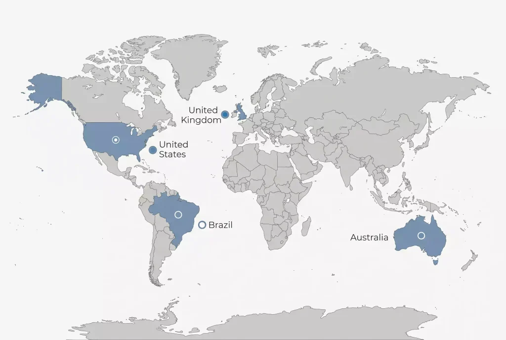 World map overlaid with credit card and ban status markers highlighting the UK, Australia and Brazil