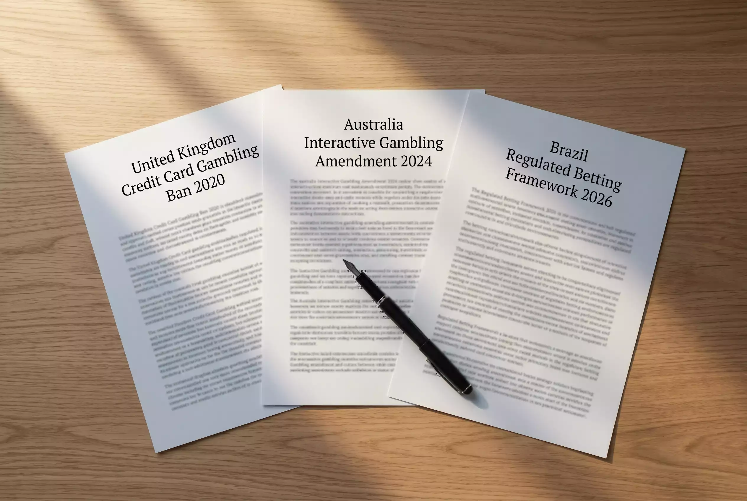 Regulatory document on a desk showing the UK, Australia and Brazil credit card gambling ban provisions