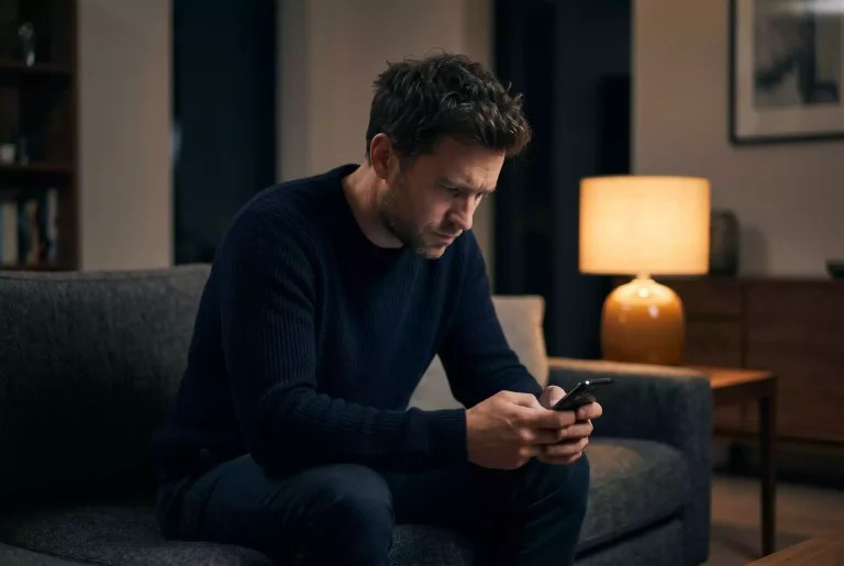 A pensive man in a dim living room late at night, sitting on a sofa and looking down at a smartphone held in both hands, single warm lamp in the background