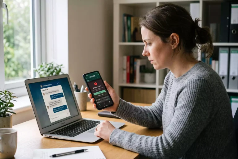 Bettor on phone reviewing a failed deposit notification alongside a sportsbook support chat window