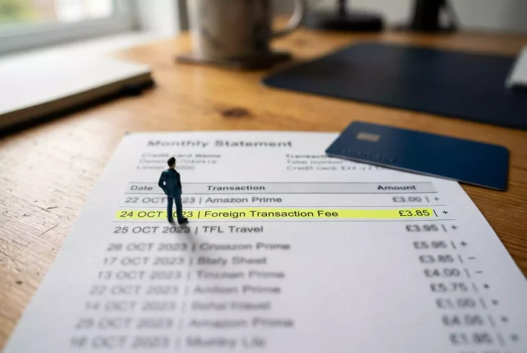 Credit card statement showing a foreign transaction fee highlighted next to an offshore sportsbook deposit entry