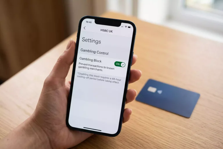 UK banking app showing a gambling block toggle on a debit Mastercard with cooling-off period notice