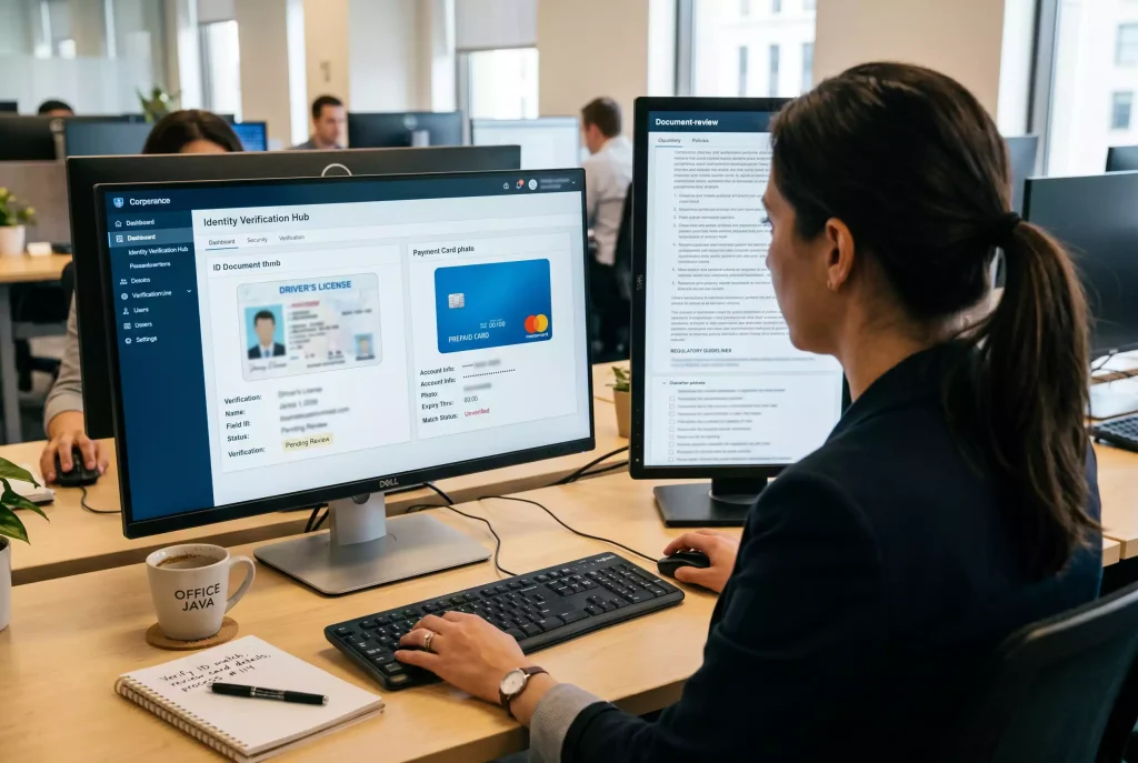 Analyst reviewing identity verification dashboard with a Mastercard and ID document on the screen
