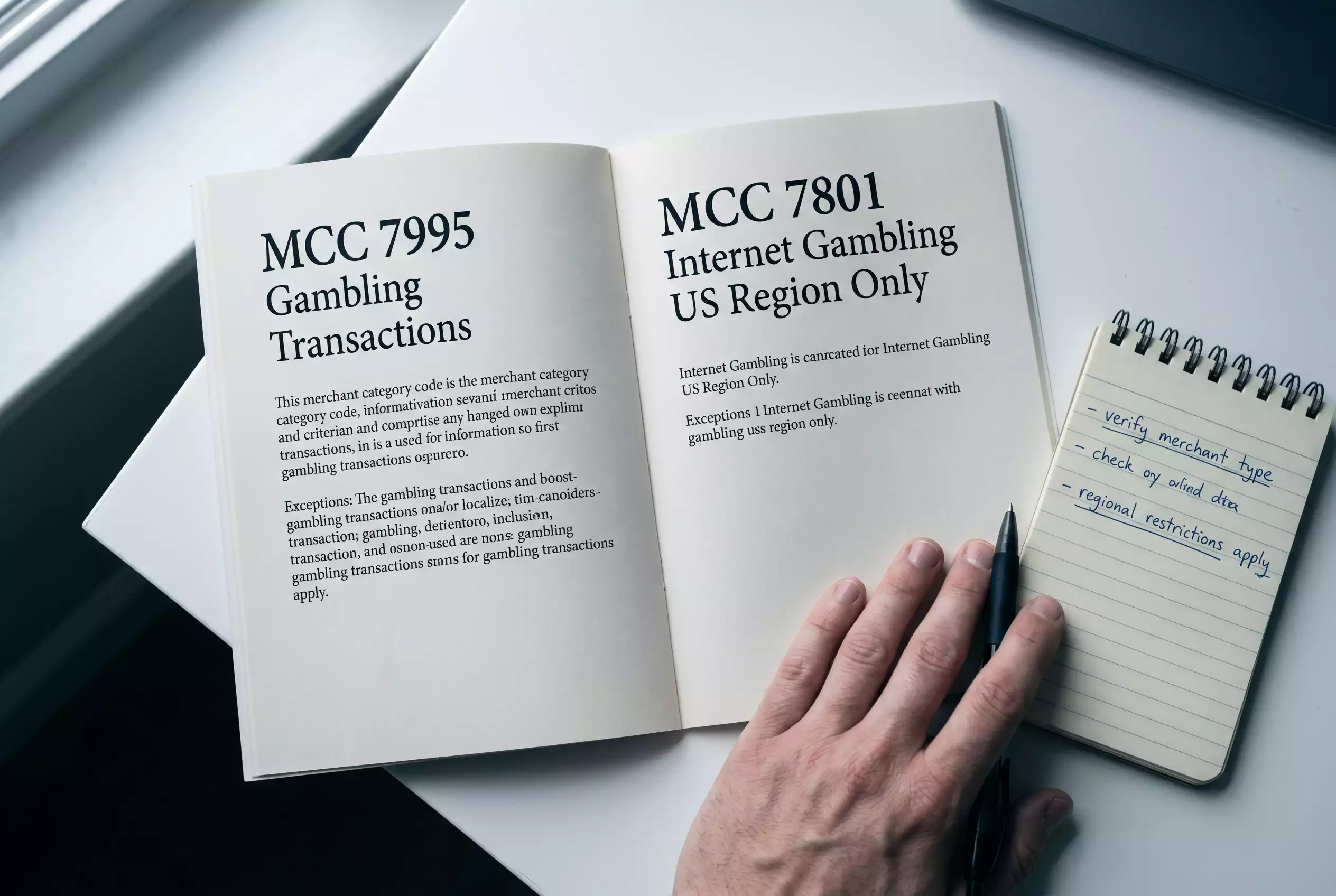 Payment routing slip showing MCC 7995 Gambling Transactions versus MCC 7801 Internet Gambling US codes