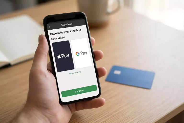 Smartphone displaying Apple Pay and Google Pay options beside a sportsbook app deposit screen