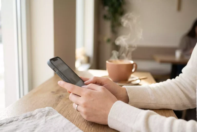 Close-up of a woman's hands holding a smartphone at a café table, soft daylight from a large window and a steaming cup of coffee in the background