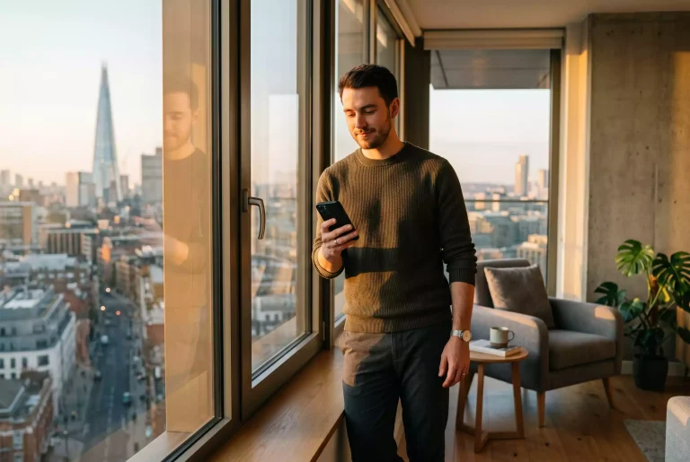 A young man standing by a city window at golden hour, holding a smartphone, a relaxed expression on his face as he waits for a message