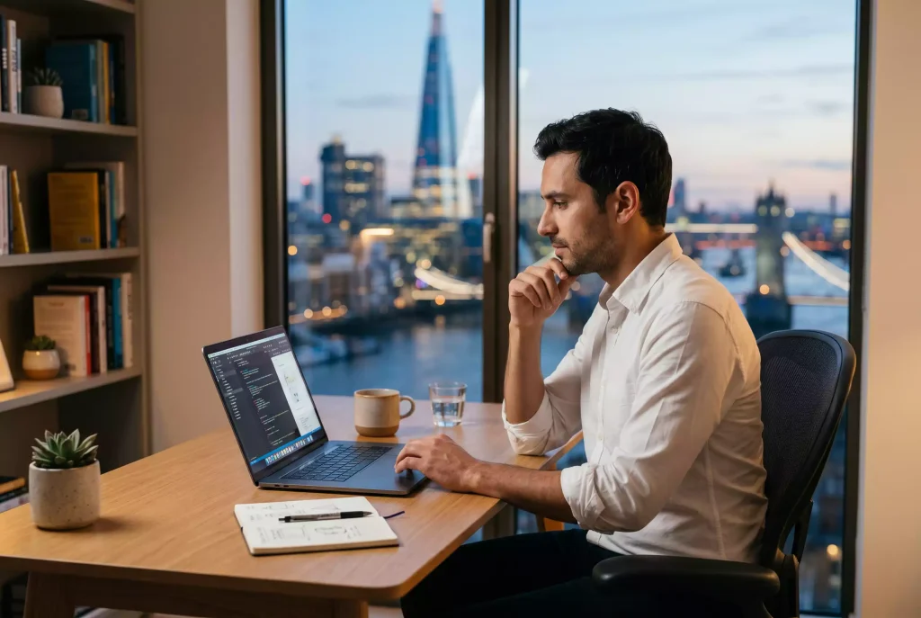 A man at a modern desk in a bright office, looking thoughtfully at a laptop screen by a tall window at dusk