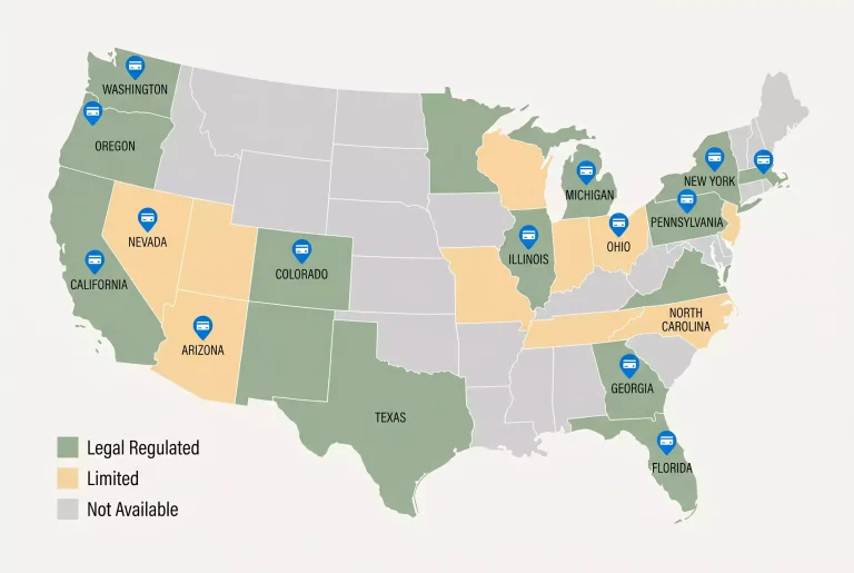 US map colour-coded by sports betting legality with card acceptance markers across regions