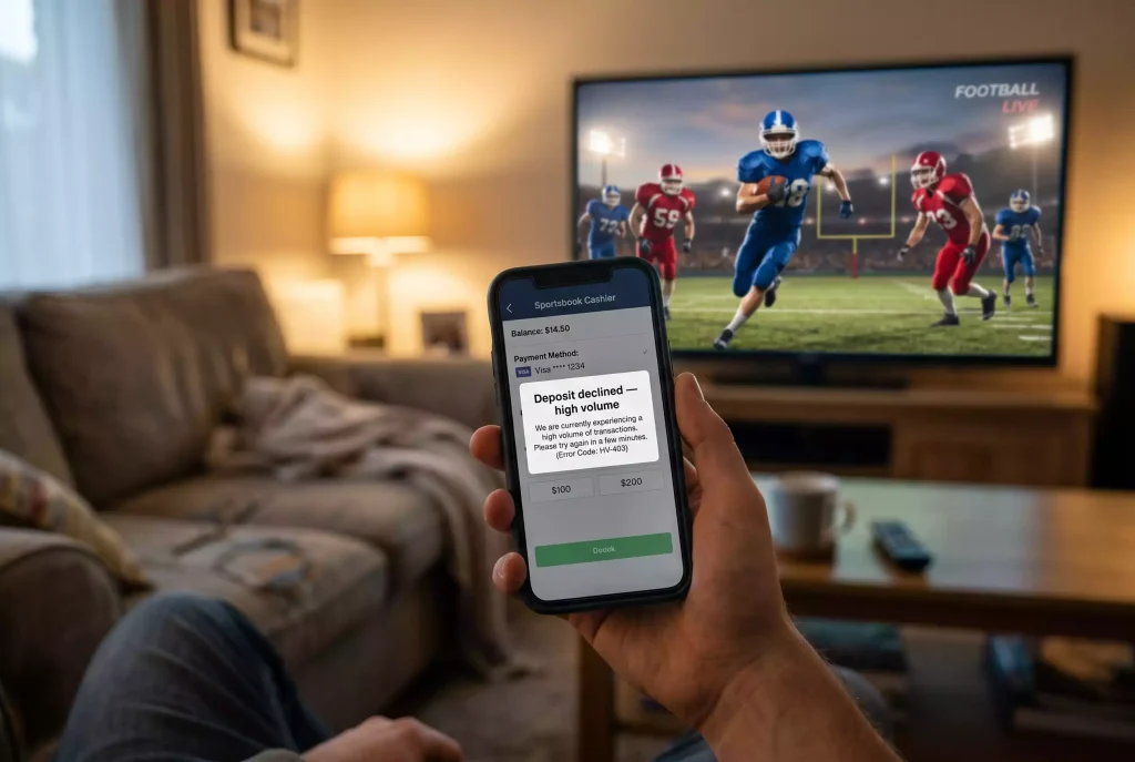 Mobile sportsbook cashier struggling with a declined Mastercard on Super Bowl game day with high-volume traffic indicators
