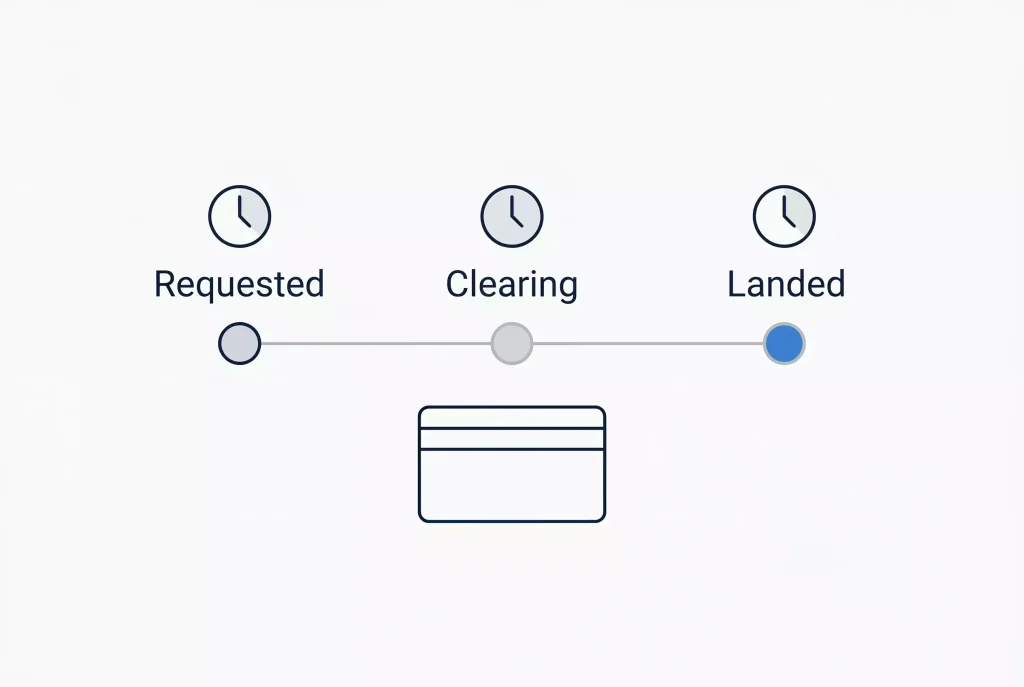 Three-stage payout timeline diagram with pending, clearing and landed checkpoints on a card balance
