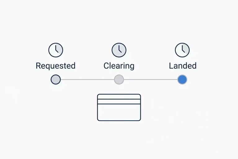 Three-stage payout timeline diagram with pending, clearing and landed checkpoints on a card balance