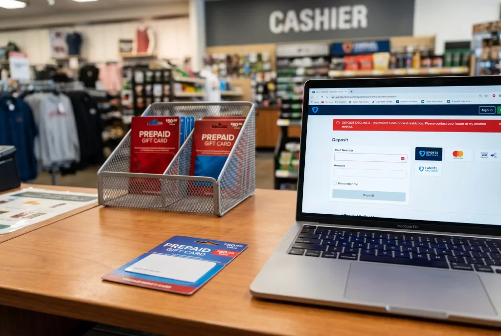 Rack of retail Mastercard gift cards next to a red declined notice on a sportsbook cashier screen