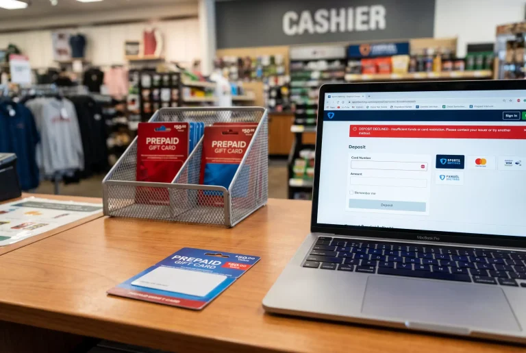 Rack of retail Mastercard gift cards next to a red declined notice on a sportsbook cashier screen