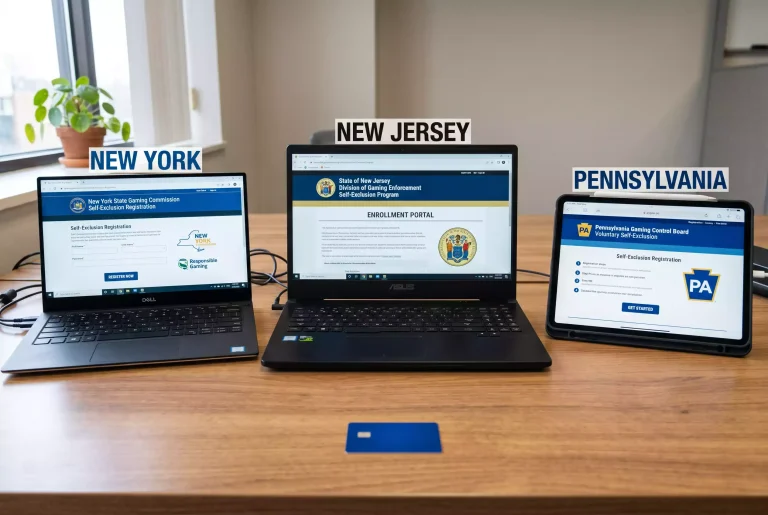 Three state self-exclusion registration portals displayed on screens for New York, New Jersey, and Pennsylvania