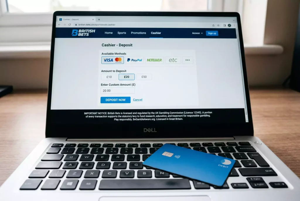 UK sportsbook cashier interface showing a statutory levy disclosure next to a Mastercard deposit