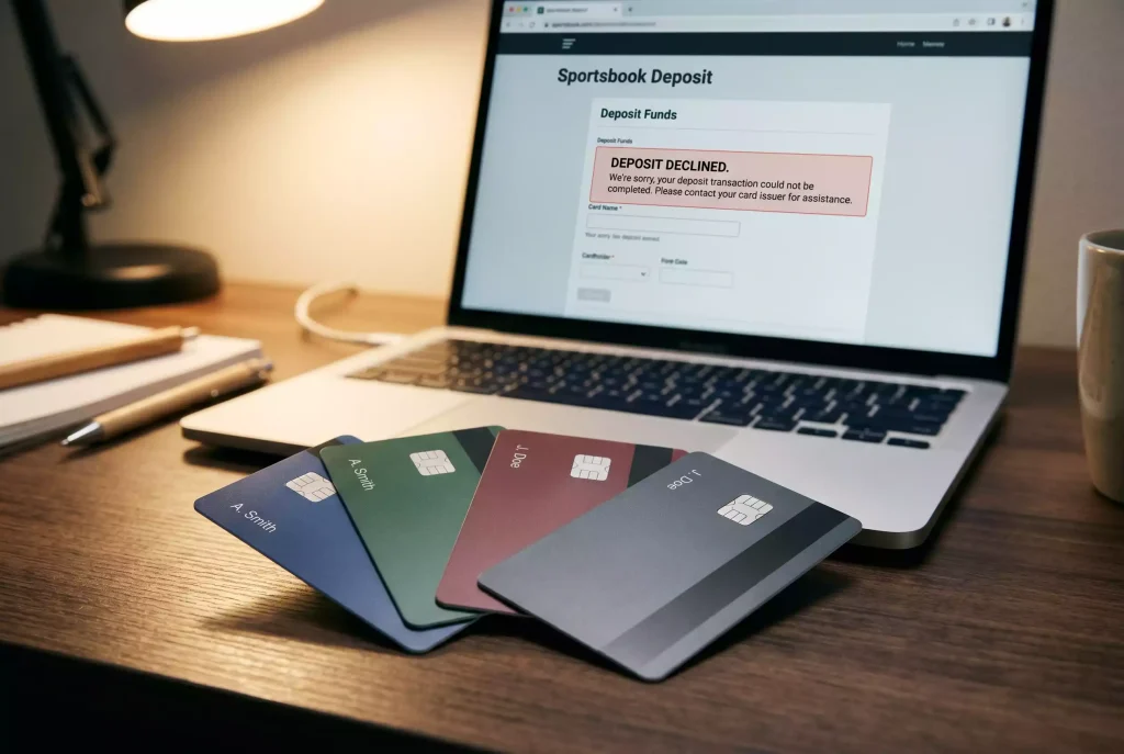 US bank cards fanned beside a sportsbook deposit screen with a decline notification visible